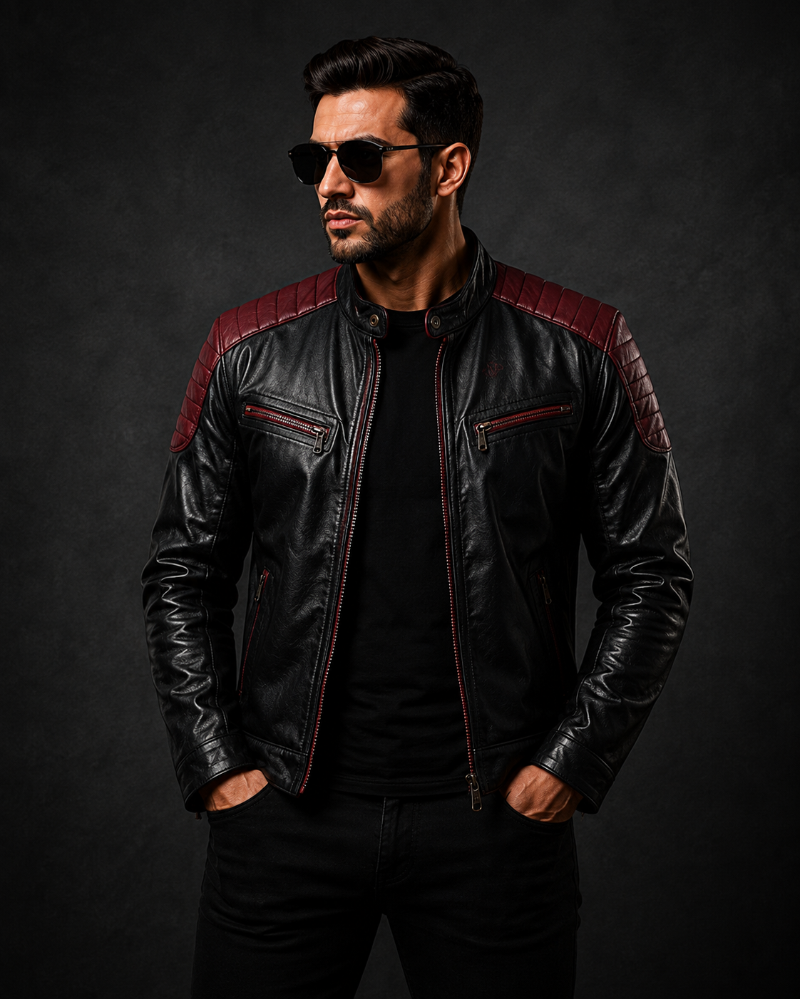 Men’s Black Leather Jacket with Burgundy Quilted Shoulders