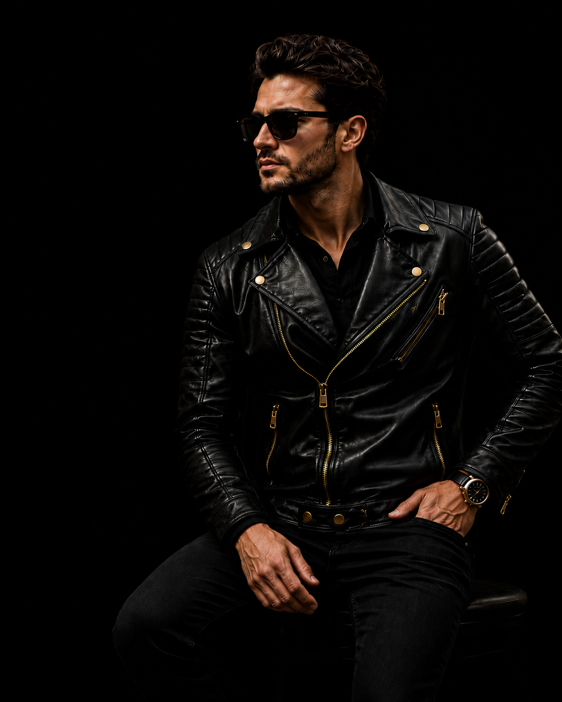 Men’s Black Quilted Leather Biker Jacket with Gold Zips
