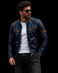 Men’s Blue Quilted Leather Biker Jacket with Gold Zips