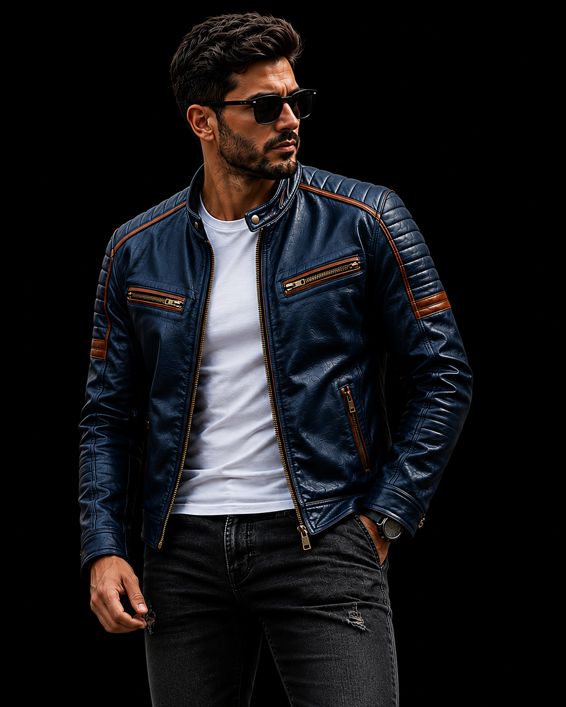 Men’s Blue Quilted Leather Biker Jacket with Gold Zips