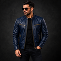 Men’s Navy Blue Quilted Leather Biker Jacket