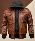 Mens Brown Hooded Bomber Leather Jacket