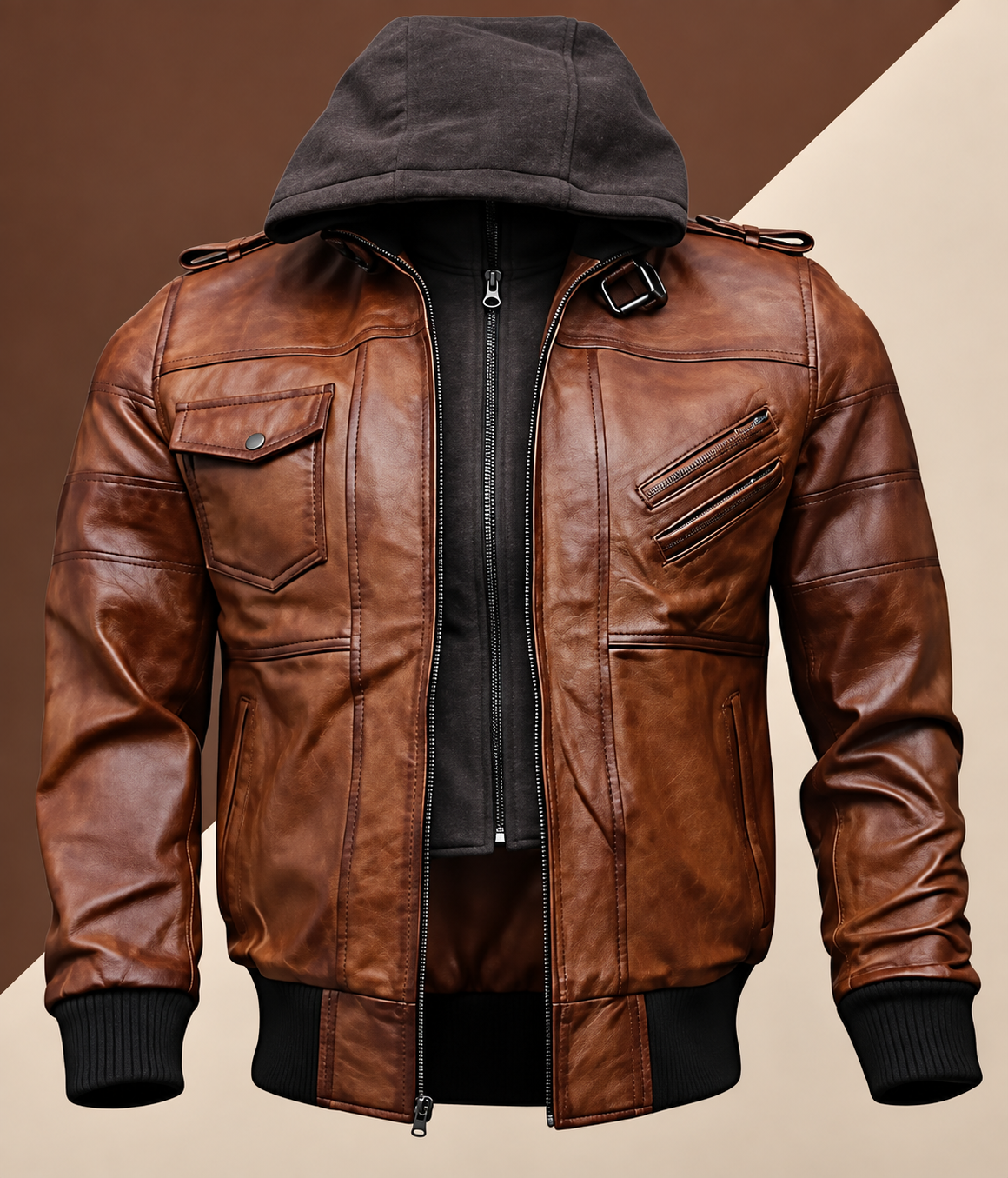 Mens Brown Hooded Bomber Leather Jacket