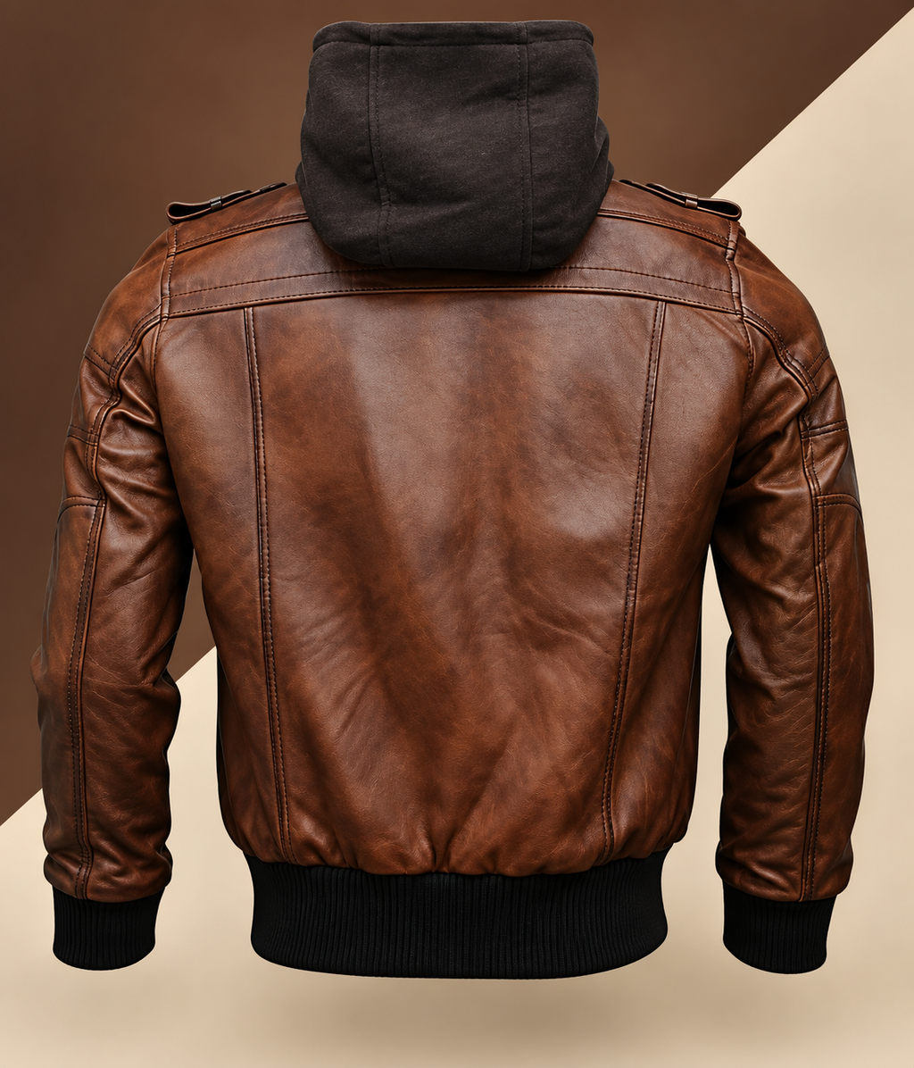 Mens Brown Hooded Bomber Leather Jacket