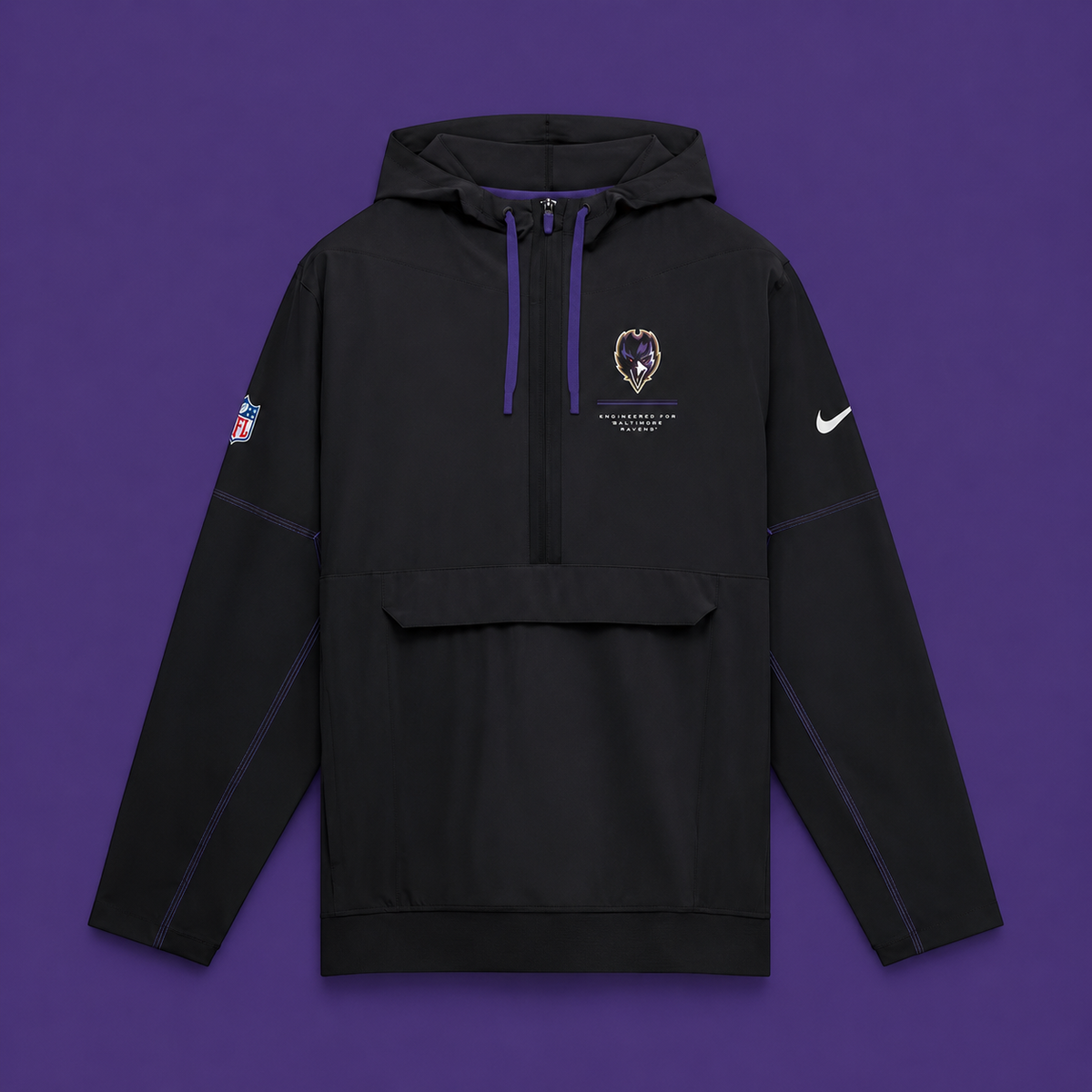 Men's Baltimore Ravens Nike Black Sideline Logo Glory Anorak Half-Zip Hooded Jacket